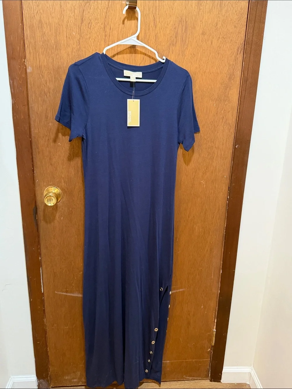 Michael Kors Navy Short-Sleeve Maxi Dress with Side Button Detail